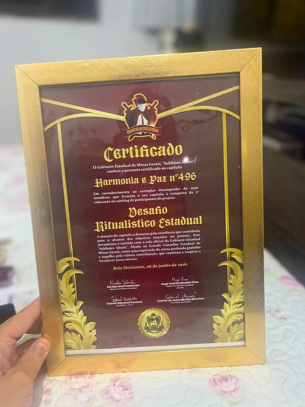 Certificado de 1º lugar do Desafio Ritualístico Estadual, Gabinete Sublimes Ideais 2025/2026